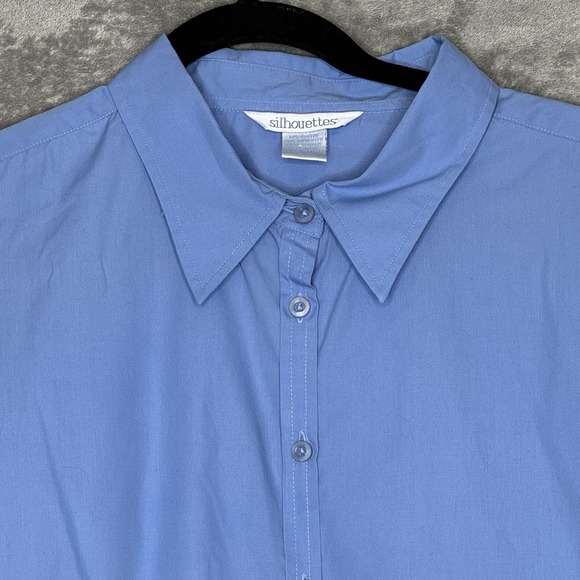 Silhouettes 1X Top Shirt Blue Solid Button Up Long Sleeve Collared Cotton Womens - Picture 2 of 7
